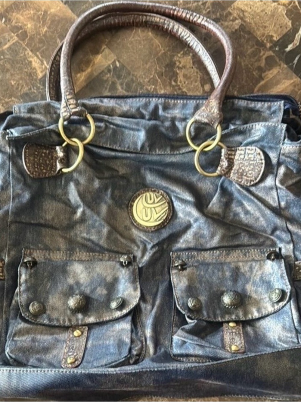 Women’s Blue gold Casual Tote Bag with Front Pockets